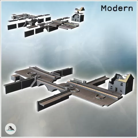 Set of damaged bridges with a dock and a two-story ruined ho - Hartolia Miniatures