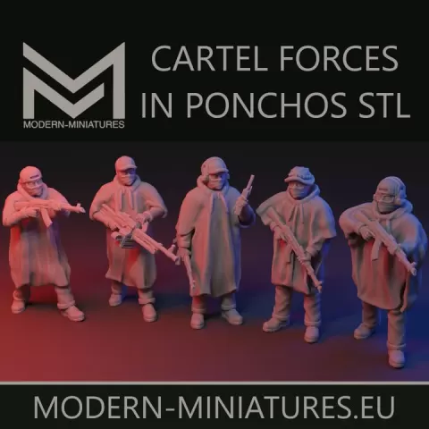 Cartel Miniatures wearing ponchos set 1 of 2. 28mm gangster miniatures by Modern-Miniatures.eu