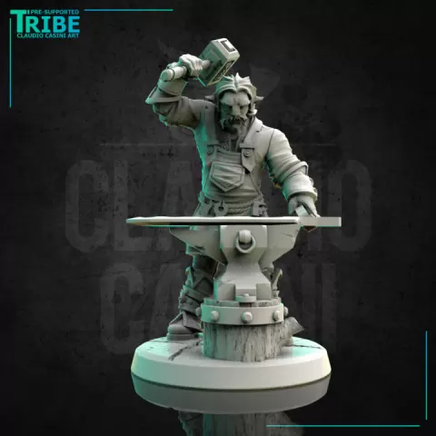 (0194) Male human tiefling firbolg half orc blacksmith with a hammer and anvil by Claudio Casini Art
