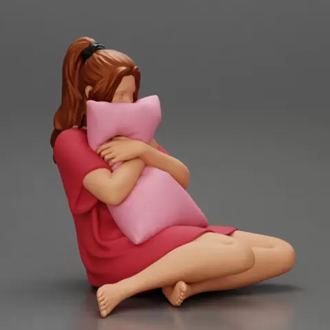 beautiful girl scared sitting and holding a pillow while watching a horror movie on TV by 3DGeschaft Miniatures Figures