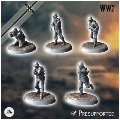 Set of five German WW2 infantry troops (with MP40 and K98k) (4) - Medieval Gothic Feudal Old Archaic Saga 28mm 15mm RPG by Hartolia Miniatures