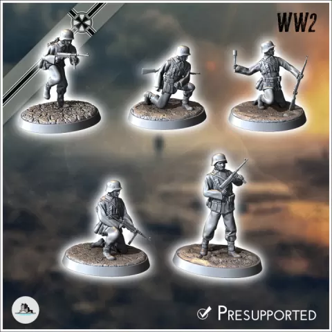 Set of five German WW2 infantry troops (with MP40 and K98k) (3) - Medieval Gothic Feudal Old Archaic Saga 28mm 15mm RPG by Hartolia Miniatures
