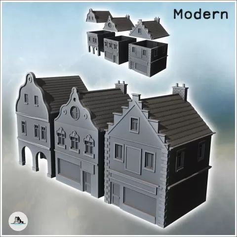 Set of three Flemish Baroque-style buildings with stories an - Hartolia Miniatures