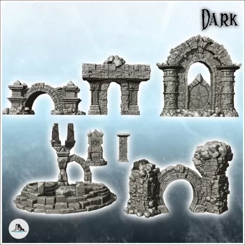 Set of stone decorations for dungeon with bridge, throne, totem and arch (15) - Medieval Gothic Feudal Old Archaic Saga 28mm 15mm by Hartolia Miniatures