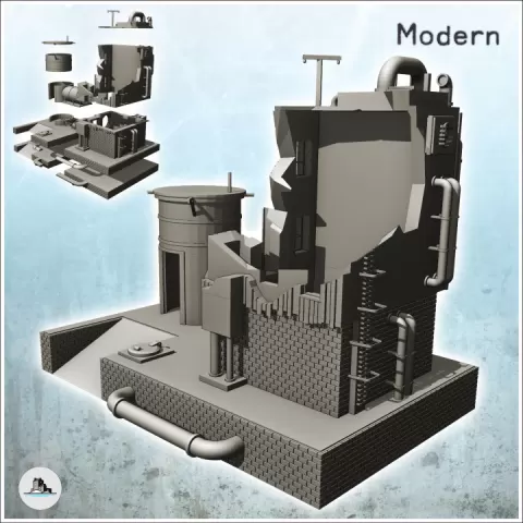 Brick industrial plant on platform with auxiliary tank and pipes (ruined version) (18) - Modern WW2 WW1 World War Diaroma Wargaming RPG Mini Hobby by Hartolia Miniatures
