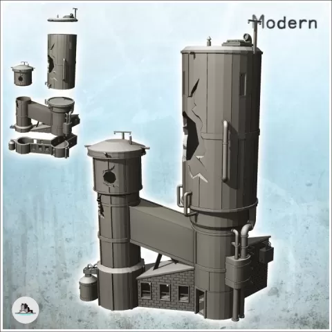 Double industrial grain tank with annex and outside pipes (destroyed version) (11) - Modern WW2 WW1 World War Diaroma Wargaming RPG Mini Hobby by Hartolia Miniatures