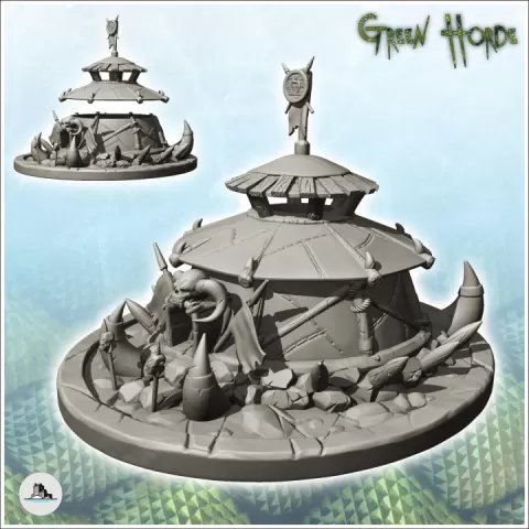 Circular chaos building with skull statue and shield flag (7) - Ork Green Horde Fantasy Beast Chaos Demon Ogre by Hartolia Miniatures