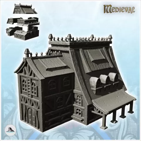 Large medieval half-timbered building with spiked roof and side canopy (30) - Medieval Feudal Old Archaic Saga 28mm 15mm by Hartolia Miniatures