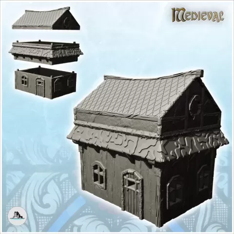 Wooden building with tiled roof and second floor (27) - Medieval Feudal Old Archaic Saga 28mm 15mm by Hartolia Miniatures