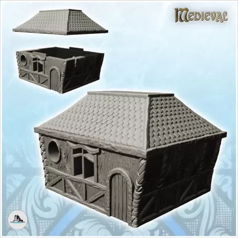 Rectangular medieval house with tiled roof and round window (21) - Medieval Feudal Old Archaic Saga 28mm 15mm by Hartolia Miniatures