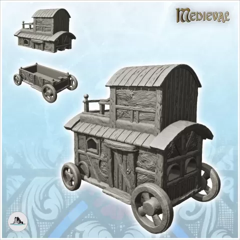 Half-timbered caravan on wheels with rope terrace (9) - Medieval Gothic Feudal Old Archaic Saga 28mm 15mm by Hartolia Miniatures
