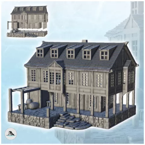 Large medieval two-story building with stone platform and pillars (10) - Pirate Jungle Island Beach Piracy Caribbean Medieval by Hartolia Miniatures