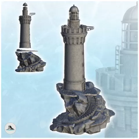 Stone lighthouse on rocky promontory with access stairs (3) - Pirate Jungle Island Beach Piracy Caribbean Medieval by Hartolia Miniatures