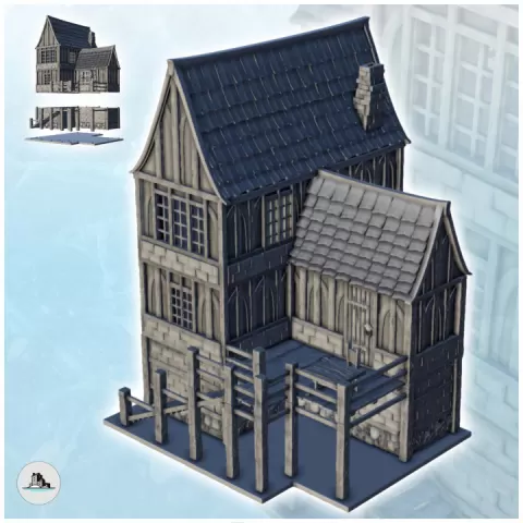 Large medieval half-timbered house with stairs and access terrace (6) - Pirate Jungle Island Beach Piracy Caribbean Medieval by Hartolia Miniatures
