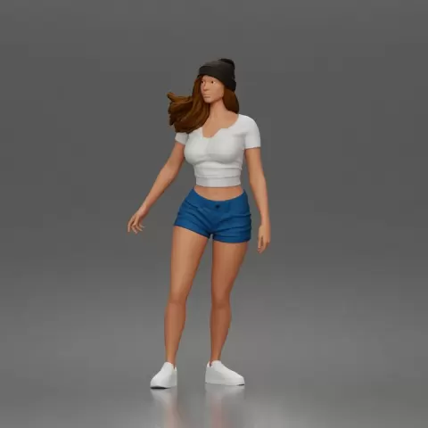 Trendy Woman Standing Confidently in Beanie, Crop Top, and Shorts by 3DGeschaft Miniatures Figures