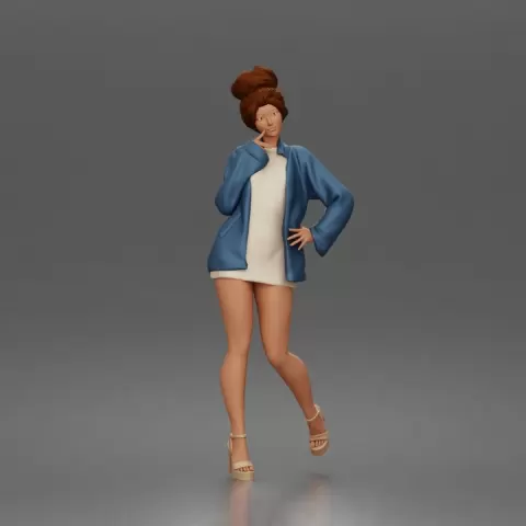 Elegant Woman Posing Confidently in Chic Jacket and Dress Outfit by 3DGeschaft Miniatures Figures