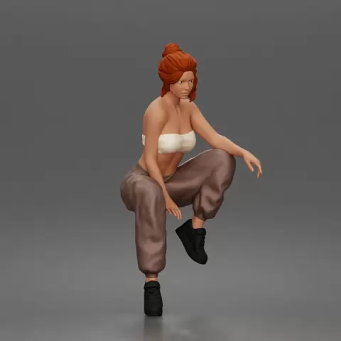 Stylish Woman Sitting Confidently in Trendy Tube Top and Pants 1-24 by 3DGeschaft Miniatures Figures