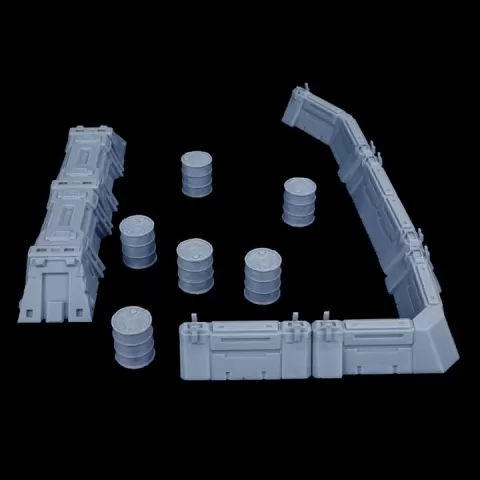 Sci-Fi Outpost Defensive Line Set: Modular Industrial Walls & Fuel Barrels Terrain (28mm-32mm Wargaming) by Ronald